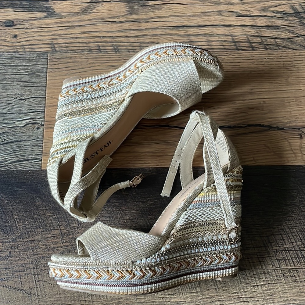 - Just fab kasabi tan beaded wedge sandal size 6